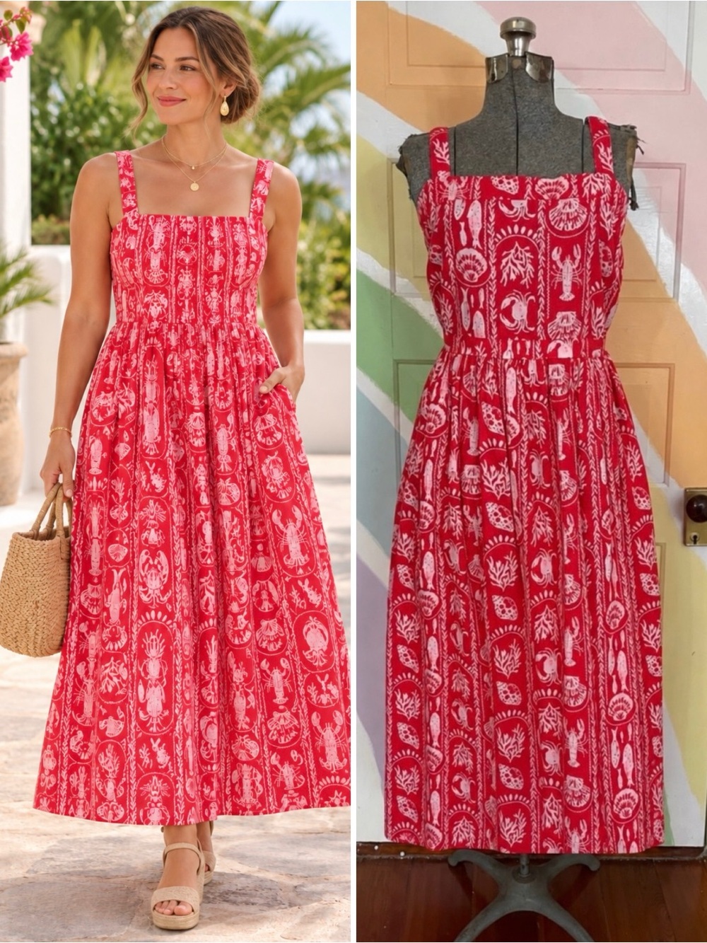 NWOT Crown & Ivy Tropical Red Sea Stripe Cotton Smocked Maxi Dress Petite L🧡🎀